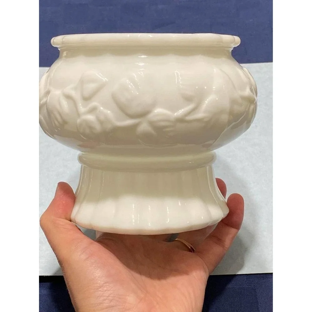 Milk Glass Footed Bowl‎ or Planter with Ribbed Base
